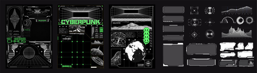 Cyberpunk-themed user interface elements, including holographic displays, grids, graphs, and futuristic design components. Ideal for sci-fi and technology projects. Collection of futuristic posters. © ZinetroN