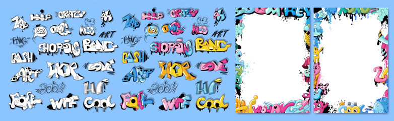 A vibrant graffiti-style art collection featuring colorful text and illustrations. Includes various words and decorative borders, perfect for street art and urban-themed designs. Vector illustration