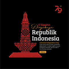 Indonesia Independence Day Social Media Post, Hand-Drawn national monument with Trendy Stamp, 17 Agustus

