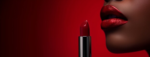 Close-up of African American woman's lips with vibrant red lipstick