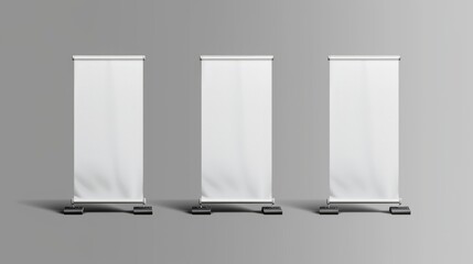 The white empty portable booth stand or roll up board is ideal for advertising and promotion. This realistic modern illustration set includes a blank vertical pull-up information banner mockup for