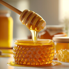 Delicious jar of honey with honey dripping of the wooden spoon. 
