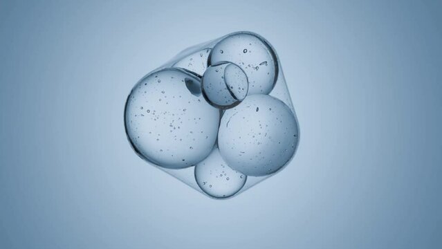 Clash of water bubbles on a blue background. Macro. 
3D animation. A sphere distributed via a particle system or fluid sim. Simulation of water