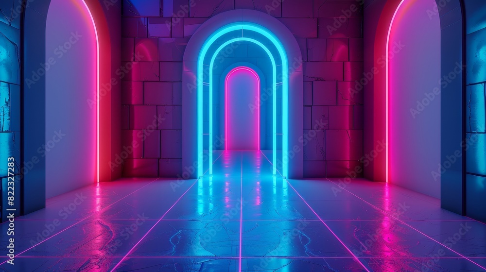 Aufkleber the background of a neon synthwave game has a retro grid and an arch. cyber space retrowave abstract