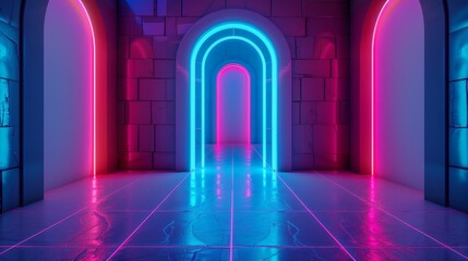 The background of a neon synthwave game has a retro grid and an arch. Cyber space retrowave abstract vaporwave with a gate and aesthetic wireframe effect for mountain landscape. 1980 night disco