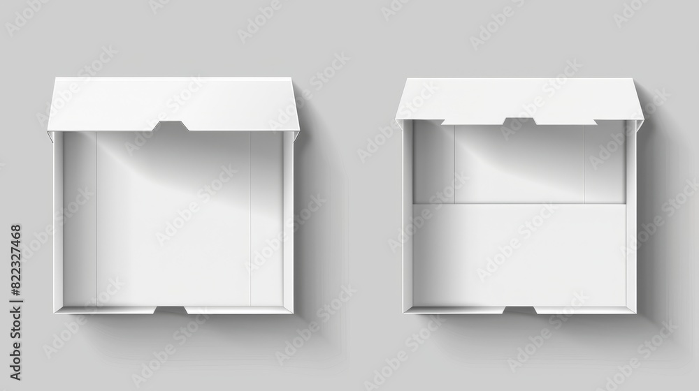 Poster the mockup consists of an open and closed cardboard box. a realistic modern illustration set of rect