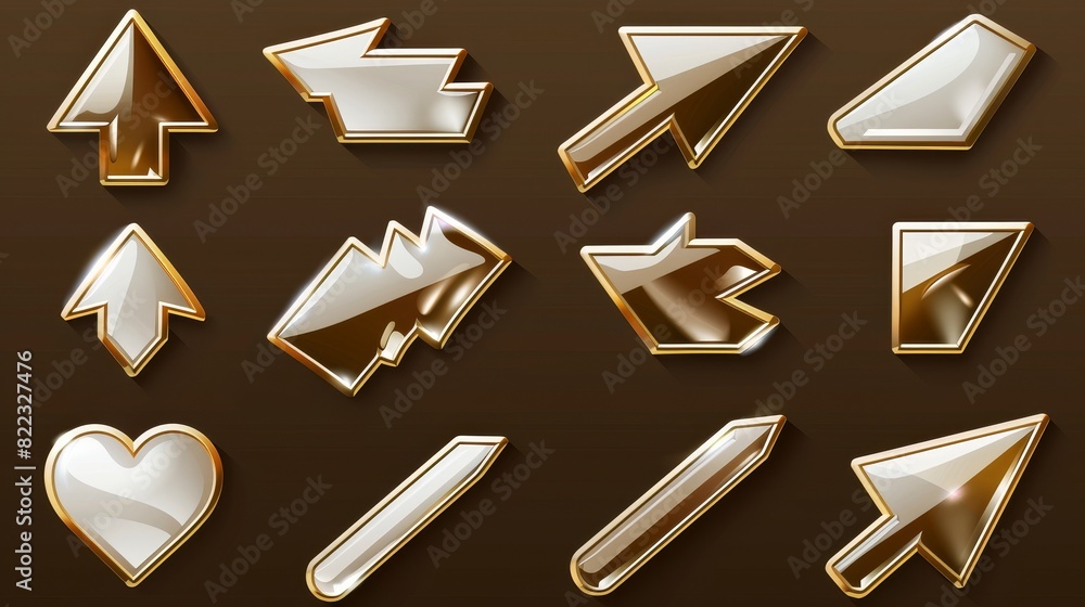 Poster an illustration of a golden and white transparent mouse pointer in different angles of view. compute