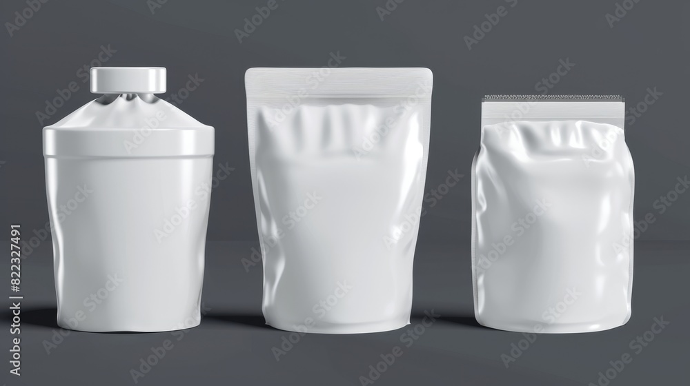 Poster mockup set of a white pouch with a zipper and a cap. mockup set of a blank plastic container for sau