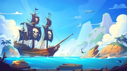 Illustration of pirate sail ships in a sea background. Old corsairs and a black flag with skull in the ocean. Caribbean adventure on a deck of buccaneer frigates. Battleship with skeleton design.