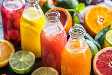 Several bottles of fruit juice are sitting on a table, sugary fruit juice,  drink background