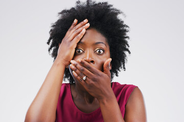 Surprise, news and portrait of black woman with stress for info on white background in studio....