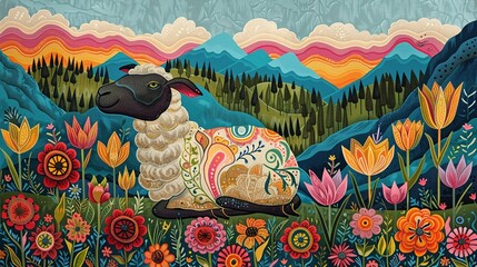 Naklejka premium Sheep in Madhubani Bharni style, surrounded by colorful tulips in a mountain field, graceful and relaxed, clear sky