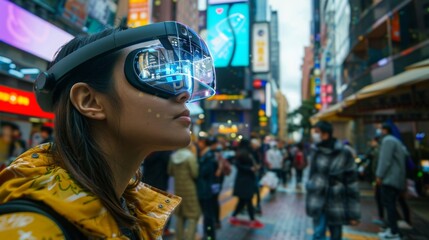 A pair of futuristic AR glasses being used in a busy urban environment, showcasing interactive overlays and advanced features. 