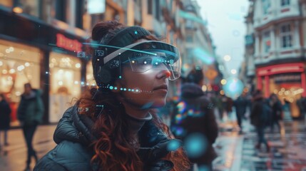 A pair of futuristic AR glasses being used in a busy urban environment, showcasing interactive overlays and advanced features. 