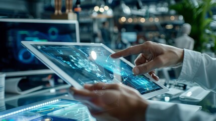 A person using a next-gen tablet with augmented reality features in a modern workspace, emphasizing productivity and futuristic technology. 