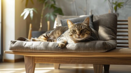 A cat lounging on a stylish piece of modern furniture in a beautifully decorated living room, capturing a moment of calm and elegance. 