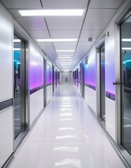 corridor in a office, 3D render, an Empty white futuristic corridor with neon blue and pink lights, leading to a sleek, modern interior with silver walls, 
