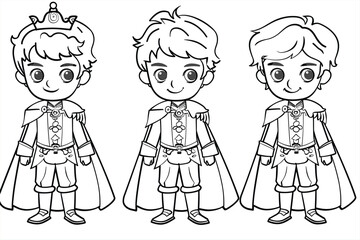 coloring pages with cute prince characters, coloring book, happy prince characters set. vector outline fantasy monarch kingdom a prince. medieval fairytale prince character.