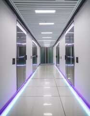 3D render, Empty white futuristic corridor with neon blue and pink lights, leading to a sleek, modern interior with silver walls corridor in a building