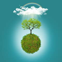 3D render of a grassy globe with a tree, rainbow and raincloud