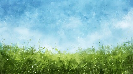 blurred grassy horizon abstract blue sky and green meadow watercolor texture summer background illustration