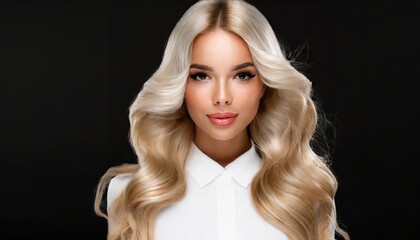 Fototapeta premium Beautiful woman with glossy wavy white long hair isolated on black background