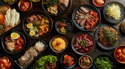 A high-quality shot of a traditional Korean barbecue spread, capturing the vibrant colors and textures of the dishes. --ar 16:9 --style raw Job ID: 322438fd-cf47-4015-b725-4414155c31eb