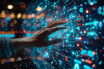 Businessman hand touching virtual screening big data and digital transformation technology strategy, digitalization of business processes and data, Digital transformation change management