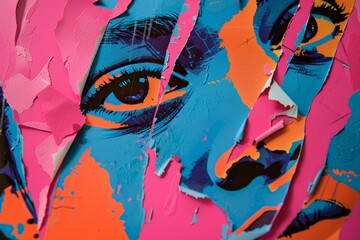 Abstract art of a woman’s face painted with colorful oil color in shade of bright pink, blue, and orange wallpaper.