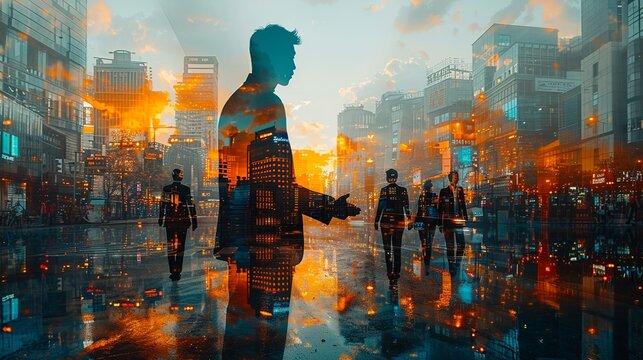Double exposure Business, Businessman negotiating a deal, superimposed on images of office buildings and teamwork, representing successful business collaborations in an urban setting. Illustration