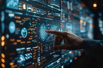Businessman hand touching virtual screening big data and digital transformation technology strategy, digitalization of business processes and data, Digital transformation change management