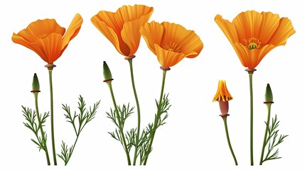california poppy flower set for icon design hyperrealistic details isolated on white png