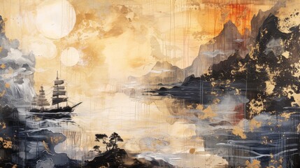 A serene, Asian-inspired abstract landscape painting featuring calm waters, distant mountains, and traditional architecture under a hazy sky.