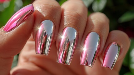 nail art inspiration, a close-up of chrome nails featuring shades of silver and pink, perfect for nail art inspiration banner