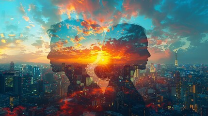 Fototapeta premium Double exposure Business, Double exposure of a businessman shaking hands with a colleague, overlaid with a city skyline and office buildings, symbolizing successful urban business partnerships.