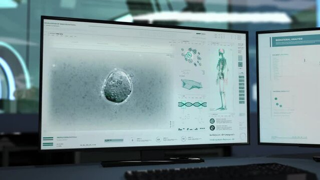 Sperm Microorganism Analysis In High Tech Scientific Software Interface. Using Innovative Microscope Equipment Ui For Sperm Microorganism Analysis. Sperm Microorganism Analysis In Medical Laboratory