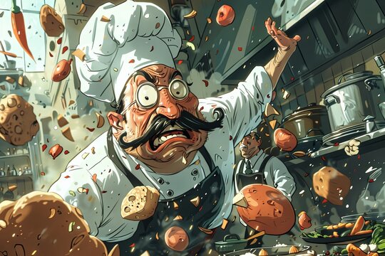 Caricature Cartoon Culinary Catastrophe: A frantic kitchen scene unfolds, filled with exaggerated chaos. A portly chef throws ingredients in every direction.