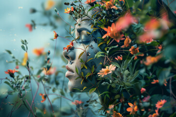 A woman's face is covered in flowers and leaves. The image is a beautiful and artistic representation of nature