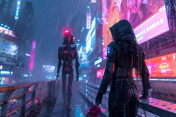 Cyberpunk Heartbreak: A neon-drenched cityscape bathes the scene in a stark blue and purple glow. A woman with glittering chrome tears streaming down her face walks down a metal walkwa