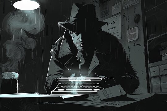 Noir News Nightmare: A jaded reporter with a cigarette hunches over a typewriter, pounding out a story about a city shrouded in corruption.