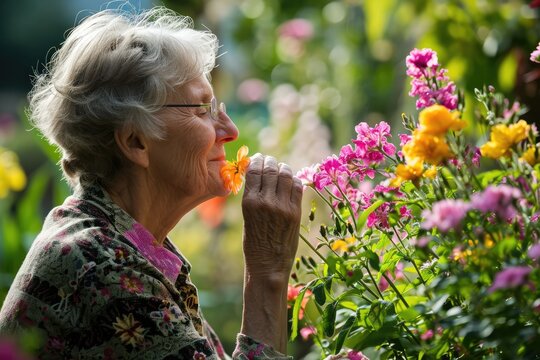 A senior woman smelling flowers in a garden, simple pleasures
