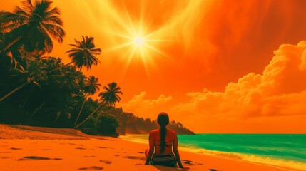 A woman sits on a sandy beach, gazing at a dramatic orange sunset with a backdrop of tropical palm trees and turquoise waters.