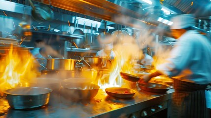 chef cooking in busy restaurant kitchen flames and steam rising from pans motion blur photograph
