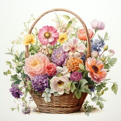 Fototapeta premium A vibrant bouquet of various flowers in a woven basket, showcasing natural beauty and floral diversity.