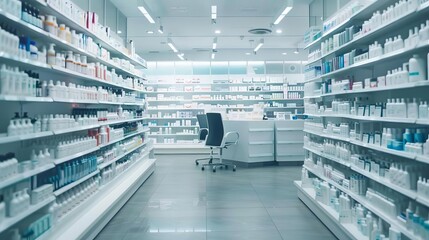 Fototapeta premium clean and modern empty pharmacy interior with wellstocked shelves healthcare background