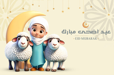 Obraz premium Eid al adha mubarak background with 3d rendering little girl cartoon character with two sheeps