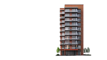 A tall brick building with numerous windows on a transparent background