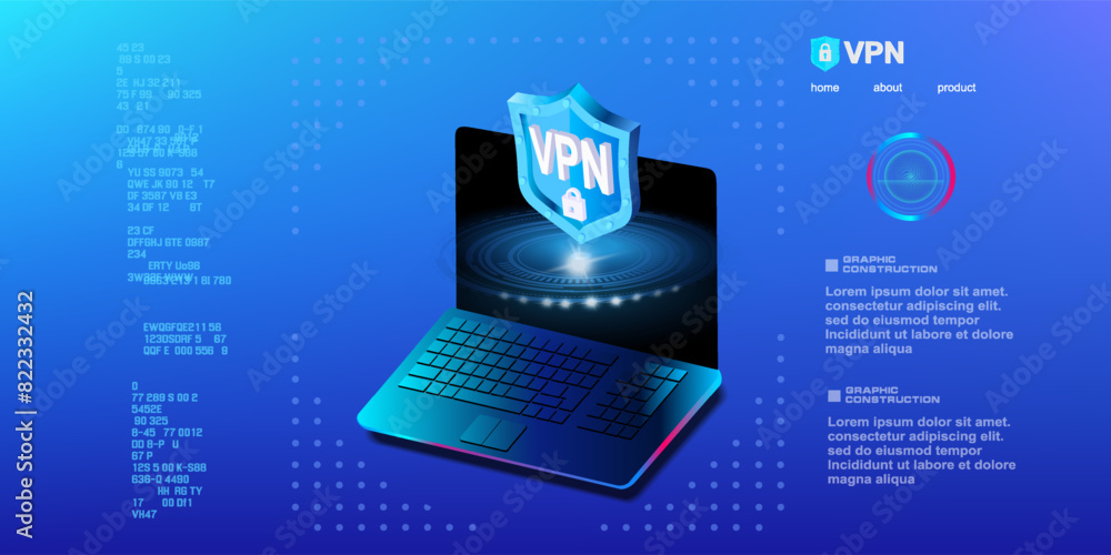 Poster computer with futuristic holographic sign is protected by data and vpn blocking bypass. virtual priv