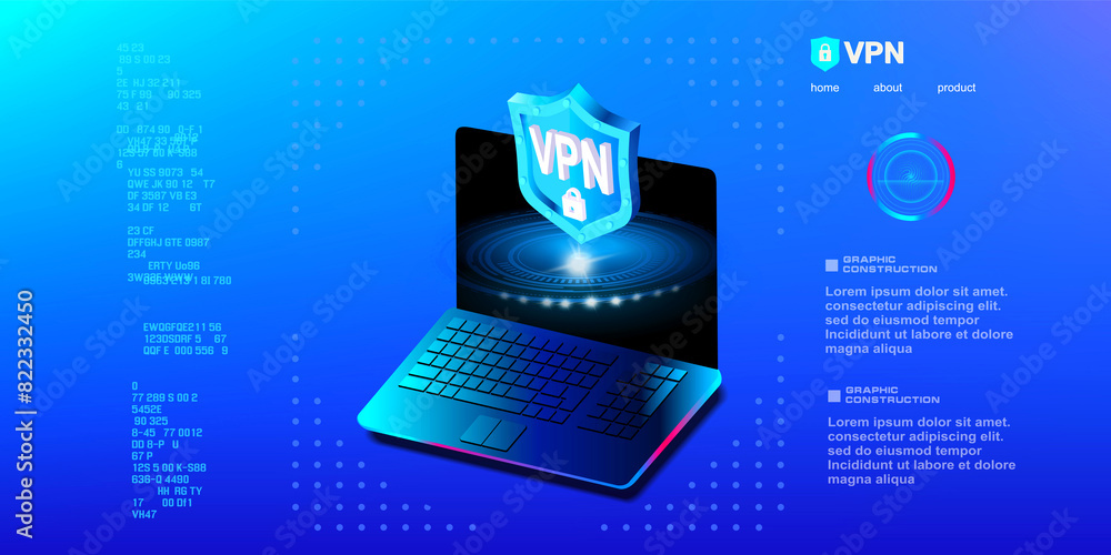 Poster computer with futuristic holographic sign is protected by data and vpn blocking bypass. virtual priv