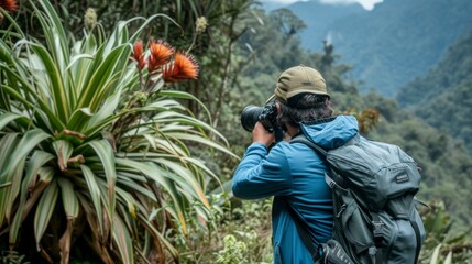 A photographer with a backpack captures images of exotic plants and distant mountains in a dense jungle environment.